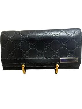 Gucci Black Guccissima Embossed GG Long Wallet with Silver Hardware Authentic